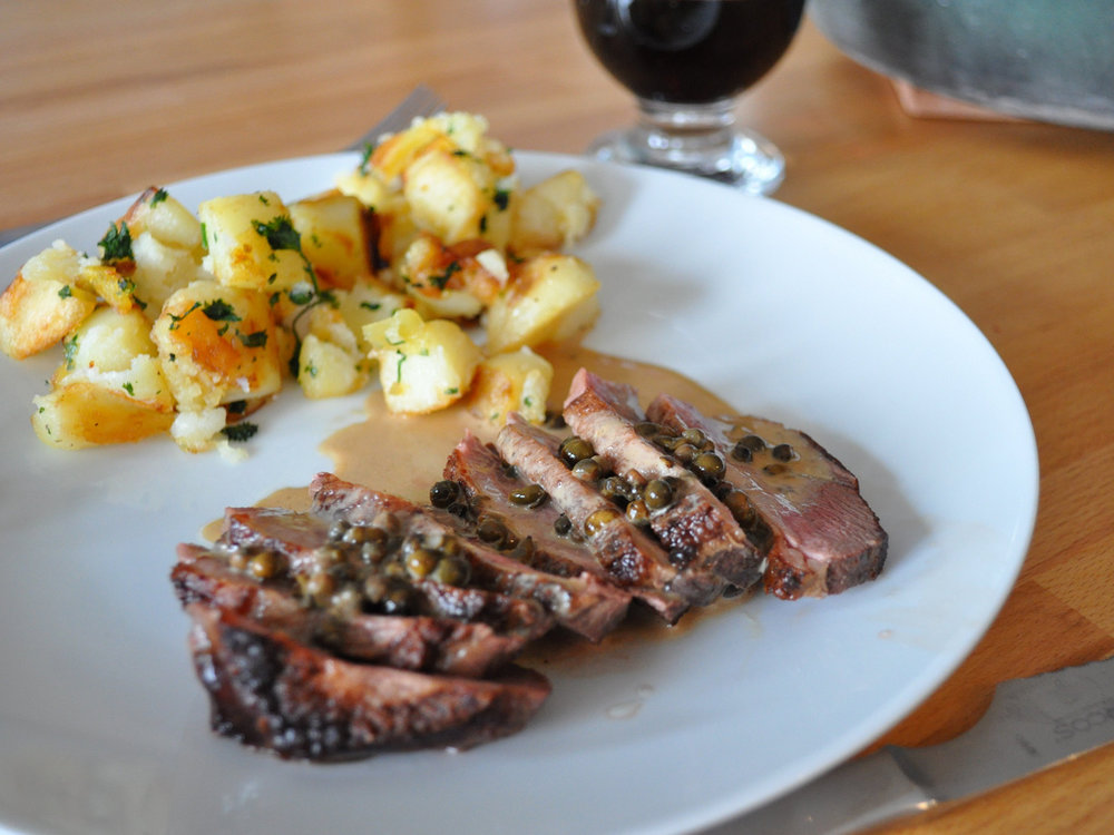 Duck breast with green peppercorn sauce