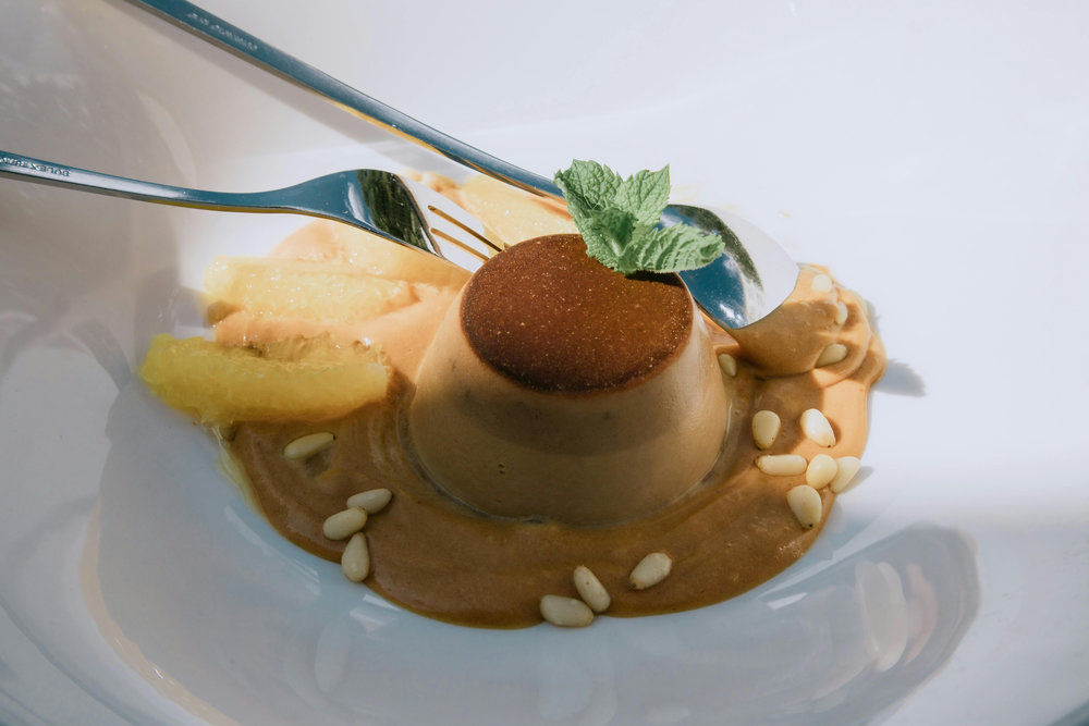 Chocolate panna cotta with mango coulis
