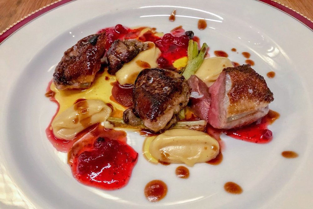 Squab with porcini mushrooms and grilled duck foie gras