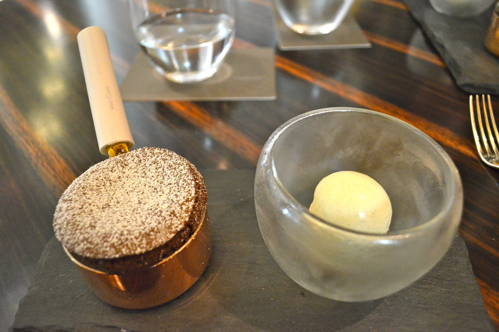 Chocolate soufflé with vanilla ice cream